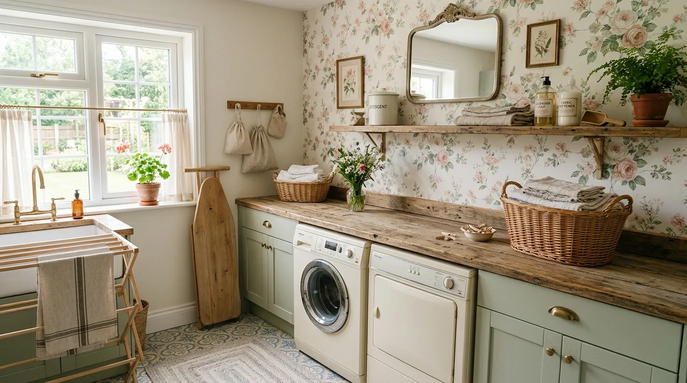 Use wallpaper in a controlled cottagecore way inspiration for a cottagecore laundry room.